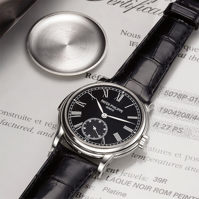 This Patek Philippe Ref. 5078 Minute-Repeater with Black Dial in Platinum from the Antiquorum auction "Important Modern and Vintage Timpieces" is accompanied by a certificate of origin and a solid platinum case back, which unfortunately, would obscure the view of the superlative finishing on the chiming calibre. Estimated auction price: $250,000 - $350,000