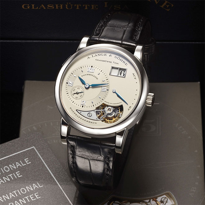 Made in 2011, this is an extremely rare A. Lange &amp; Sohne Lange 1 Ref. 704025 Tourbillon in Platinum with Special Ordered Blue Steel Hands is a unique piece ordained by Walter Lange himself for a special customer. It is the only known example in platinum fitted with blue steel hands; and it can be yours thanks to this Antiquorum auction in June. Estimated auction price: $100,000 - $150,000