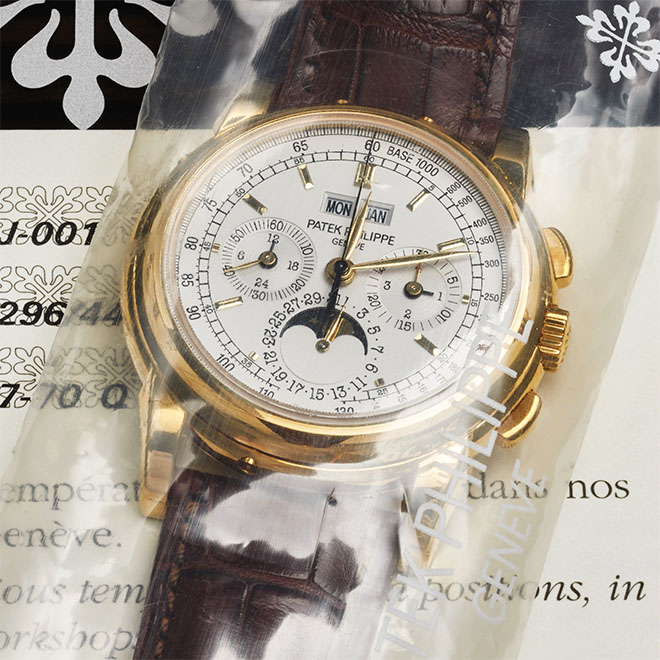 The Lemania-based Patek Philippe Ref. 5970 Chronograph Perpetual Calendar in 18K yellow gold is considered by many watch collectors to be one of the safer "investment pieces". Case in point, auction prices have risen from each subsequent auction. Estimated Antiquorum auction price: $90,000 -$130,000
