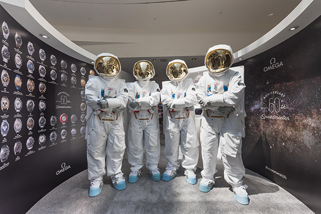 Spacemen assemble at an exhibition of vintage Speedmasters a walk down from the Omega Singapore boutique at Marina Bay Sands